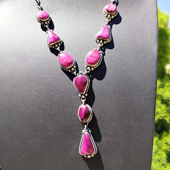 Southwest Purple Spiny Oyster Shell Sterling Silver Lariat Necklace Adjustable - Picture 2 of 8